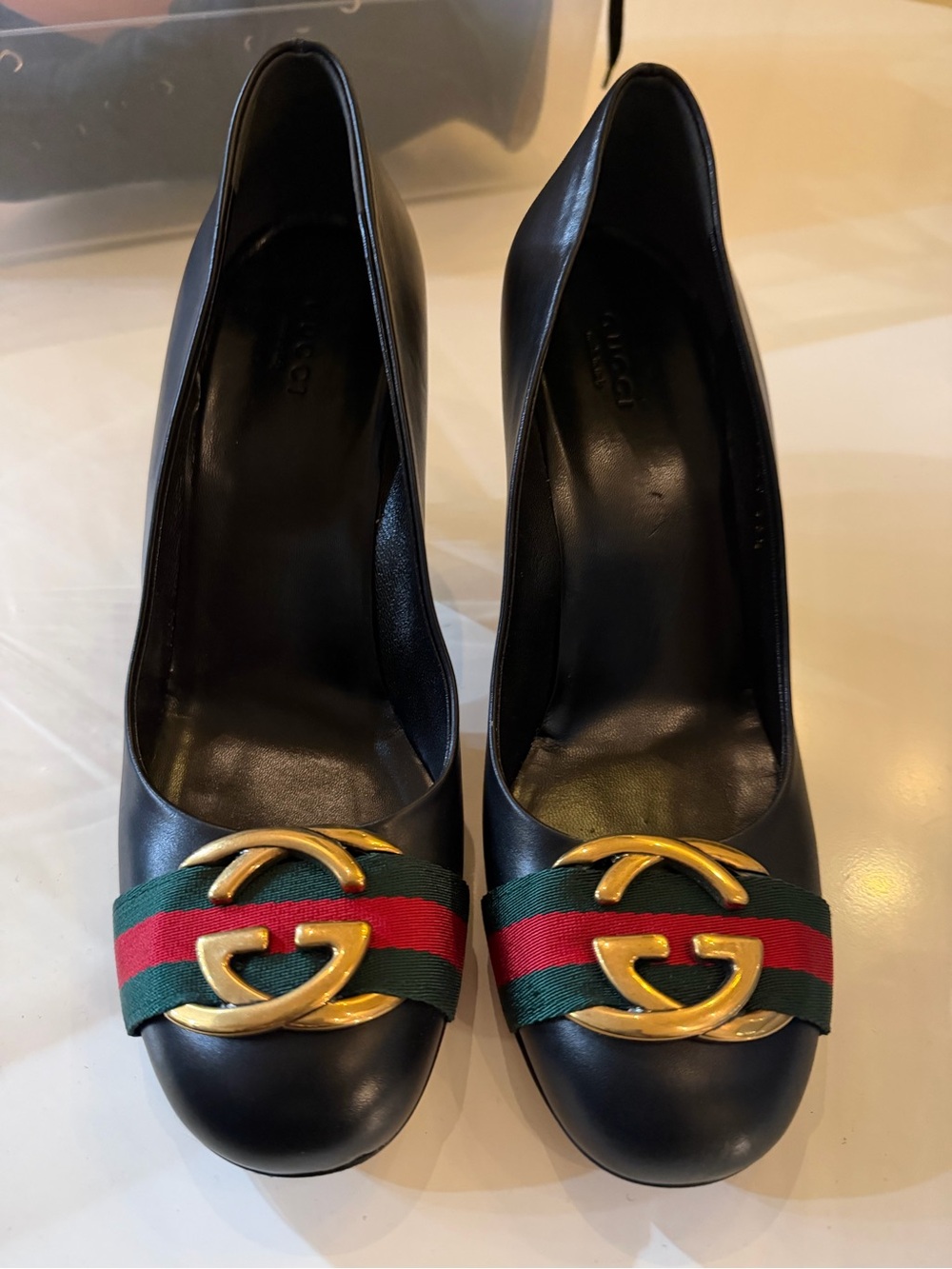 Gucci Black Leather Heels with Green-Red Web and Gold Double G